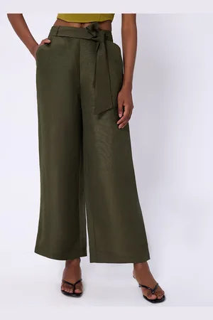 COVER STORY Women Olive Flared Mid-Rise Pleated Parallel Trousers