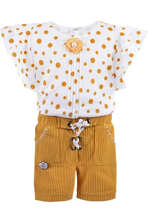 Wish Karo Girls Mustard & Off White Printed Top with Shorts