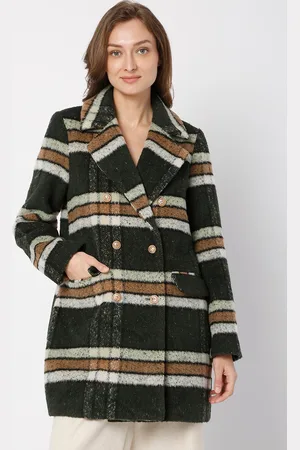 VERO MODA Women Black & Off White Checked Double-Breasted Overcoat