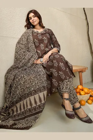 Indo Era Floral Printed V Neck Pure Cotton Kurta With Salwar & With Dupatta