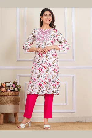 Moda Rapido Floral Printed Thread Work Pure Cotton Round Neck Straight Kurta