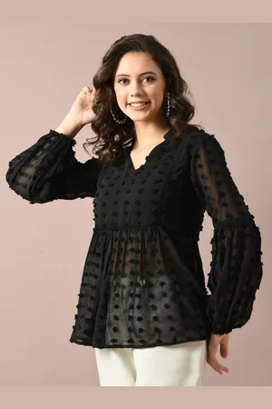 IUGA Women Swiss Dot Detail Puff Sleeve Empire Top