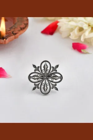 Voylla Women Silver-Plated Oxidised Filigree Statement Finger Ring