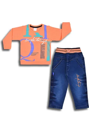 Wish Karo Boys Printed Round Neck Long Sleeves T-shirt with Jeans Clothing Set