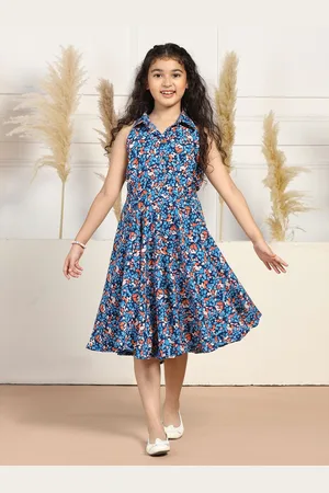 YK Girls Floral Printed Crepe Fit & Flare Ready to Wear Dress