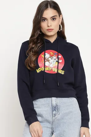 MADAME Women Navy Blue Looney Tunes Printed Hooded Crop Sweatshirt