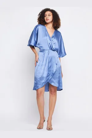 Color Cocktail V Neck Flared Sleeve Wrap Satin Dress