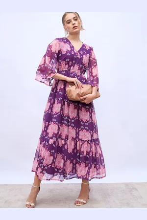 Styli Floral Print Bell Sleeve A-Line Maxi Dress
