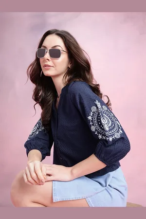 DressBerry Mandarin Collar Puff Sleeve Cotton Shirt Style Top