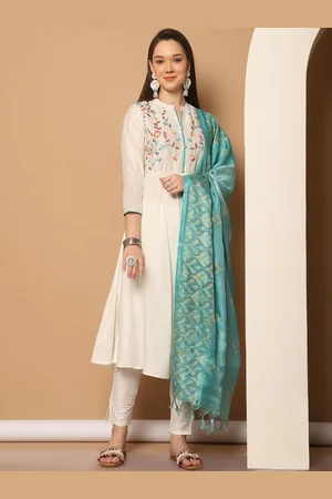 Jompers Women Floral Yoke Design Regular Chikankari Kurta with Trousers & With Dupatta