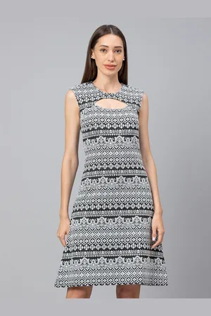 Globus Black & Grey Tribal Keyhole Printed Neck A-Line Dress