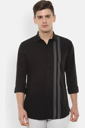 V Dot Men Black & Grey Skinny Fit Striped Casual Shirt