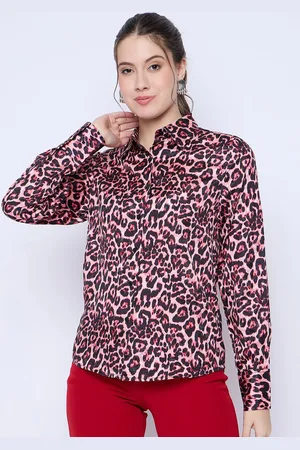 Color Cocktail Women Spread Collar Animal Solid Satin Casual Shirt