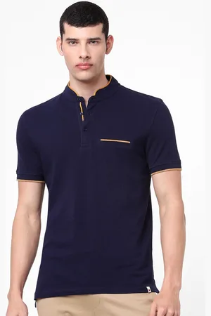 Celio Men Navy Blue Mandarin Collar Cotton T-shirt