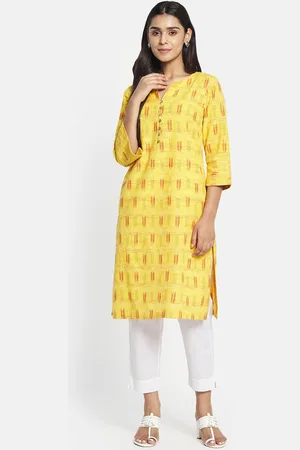 Fabindia Women Yellow Pure Cotton Geometric Printed Kurta
