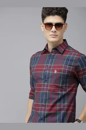 U.S. Polo Assn. U S Polo Assn Men Maroon Windowpane Checks Pure Cotton Casual Shirt