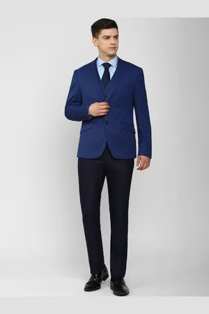 V Dot Men Navy Blue Double-Breasted Slim-Fit 3-Piece Formal Suit