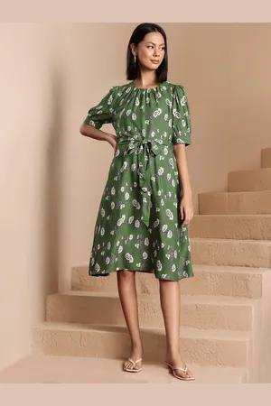 all about you Floral Print Puff Sleeves A-Line Dress with Belt