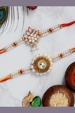 eCraftIndia Set of 2 Embellished Multistrand Rakhis with Roli Chawal