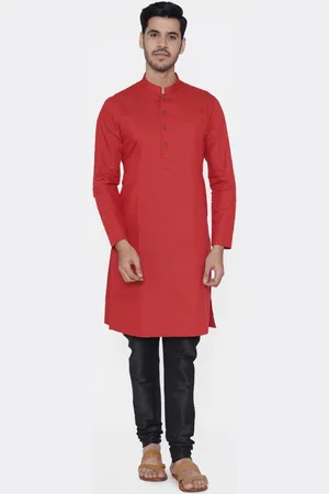Manyavar Men Red Self Striped Straight Kurta