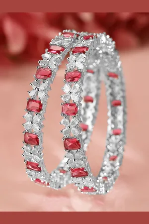 Rubans Set of 2 Rhodium-Plated Ruby Pink & White Cubic Zirconia Studded Bangles