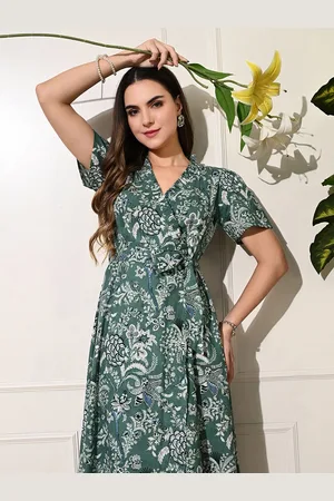 Decked-Up Women Cotton V-Neck Floral Printed Midi Dress