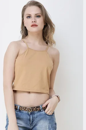 Cation Beige Pure Cotton Solid Regular Crop Top