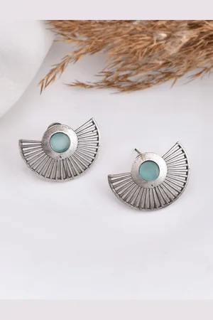 Dastoor Silver-Plated Stone-Studded & Beaded Contemporary Studs Earrings