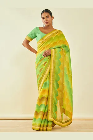 Soch Yellow & Green Abstract Printed Beads and Stones Saree