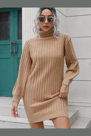 DressBerry Yellow Striped Turtle Neck Puff Sleeves Sheath Dress