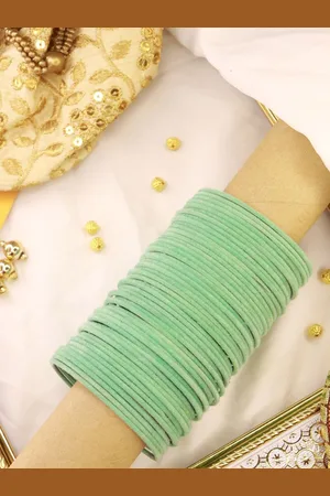 I Jewels Women Set of 48 Green Metal Velvet Bangles