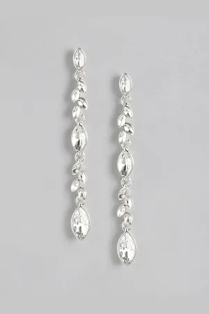 Forever New Silver Plated Crystal Studded Leaf Shaped Drop Earrings
