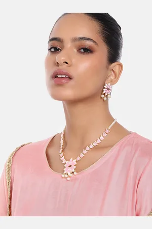 ESTELE Women Gold-Plated Pearl Studded Floral Necklace with Earrings