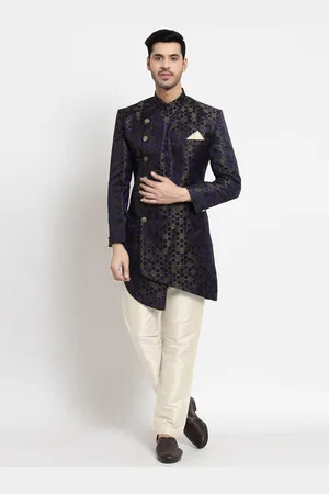 KLOTTHE Men Navy Blue Woven-Design Sherwani Set