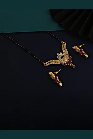 Lucky Jewellery Magenta & White AD-Studded & Beaded 18K Gold-Plated Mangalsutra Set