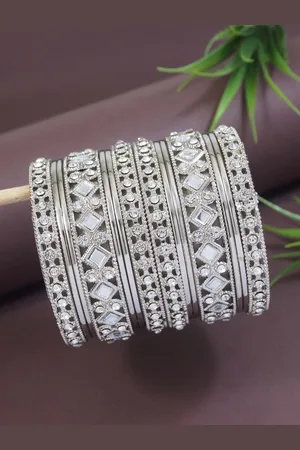 I Jewels Set Of 14 Silver-Plated Stone Studded Textured Navratri Ethnic Bangles