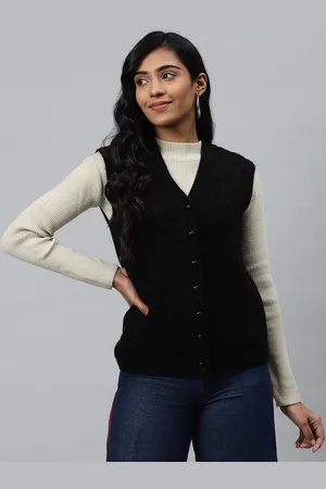 Cayman Women Black Woollen Self Design Cardigan