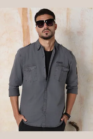 High Star Men Regular Fit Utility Heavy Washed Spread Collar Solid Cotton Casual Shirt
