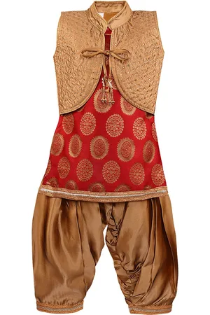 Wish Karo Girls Maroon & Brown Printed Kurta With Dhoti Pants & With Waistcoat