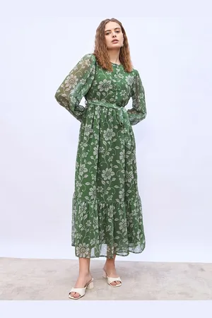 Styli Floral Print Puff Sleeve A-Line Maxi Dress