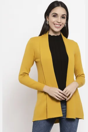 Gipsy Women Mustard Yellow Solid Front-Open Acrylic Sweater