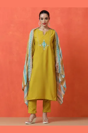 Jaipur Embroidered Sequinned Notch Neck Straight Kurta With Trousers And Dupatta