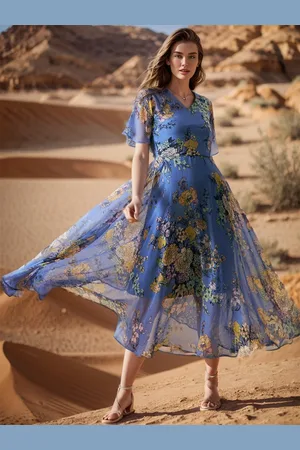 Rare Fashion Blue Floral Printed Flared Sleeves Fit & Flare Midi Dress