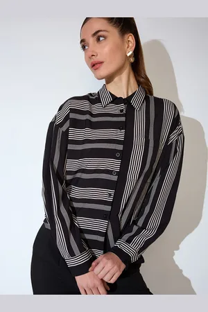 Globus Women Horizontal Stripes Collar Neck Cuffed Sleeves Oversized Shirt Style Top