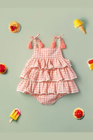 Nauti Nati Girls Checked Layered Pure Cotton Fit & Flare Dress