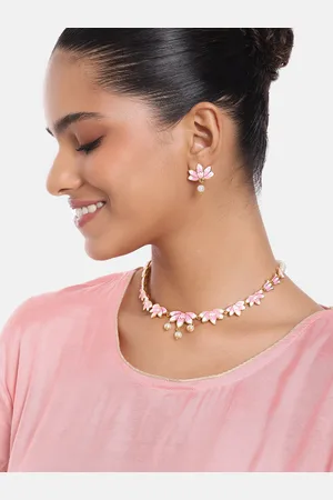 ESTELE Women Gold-Plated Pearl Studded Floral Necklace with Earrings