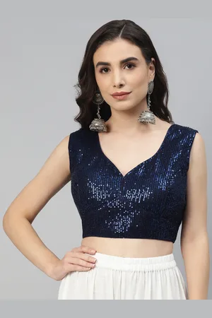 SHOPGARB Women Navy Blue Sequined Padded Saree Blouse