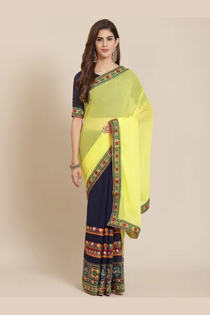 DIVASTRI Embellished Kutchi Embroidery Pure Georgette Half and Half Saree