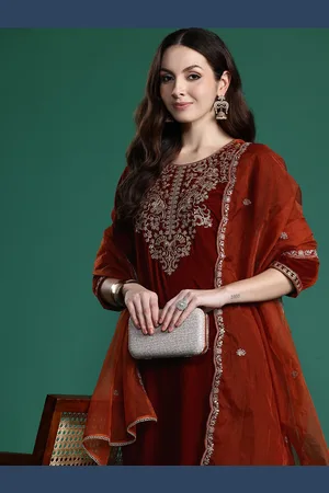 Indo Era Floral Embroidered Velvet Kurta with Trousers & With Dupatta