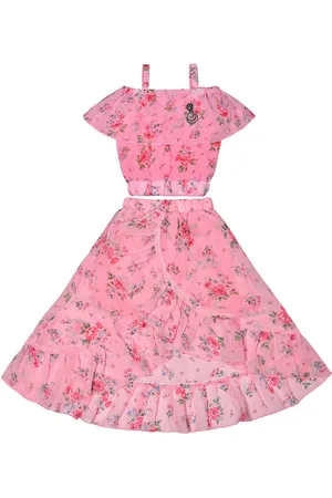 Wish Karo Girls Floral Printed Cold Shoulder Sleeve Top with Skirt
